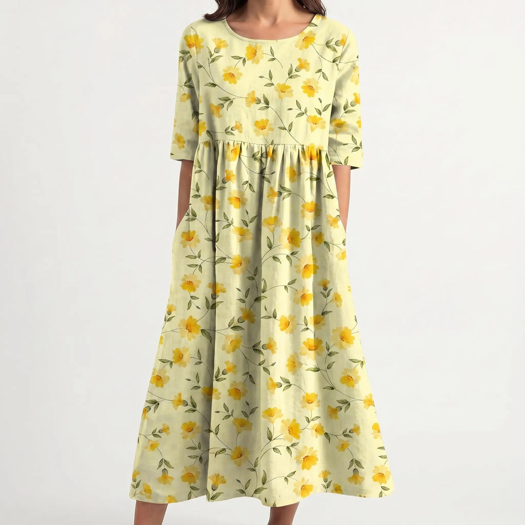 Floriven - Floral Print Midi Dress With Half Sleeves