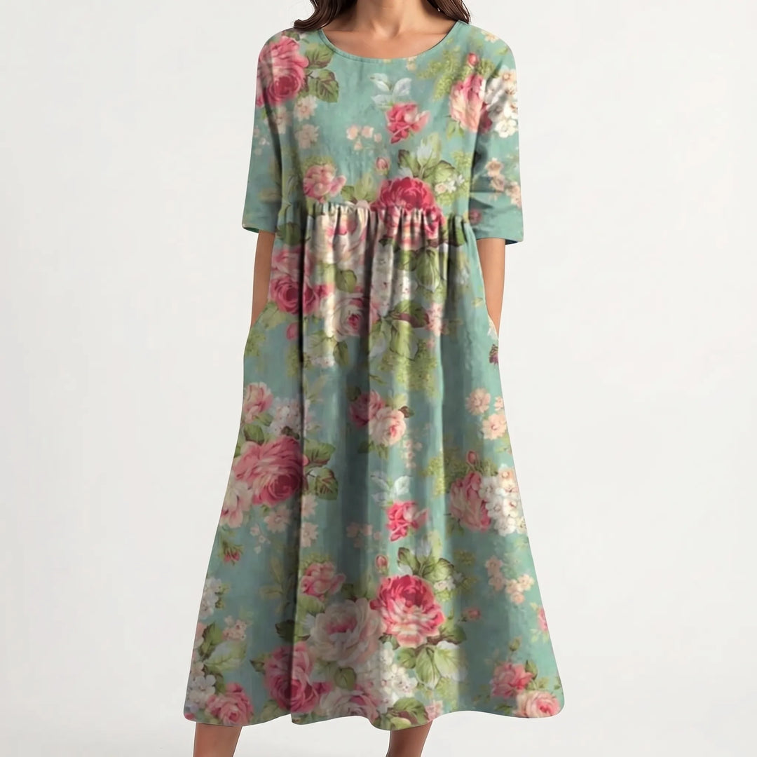 Floriven - Floral Print Midi Dress With Half Sleeves