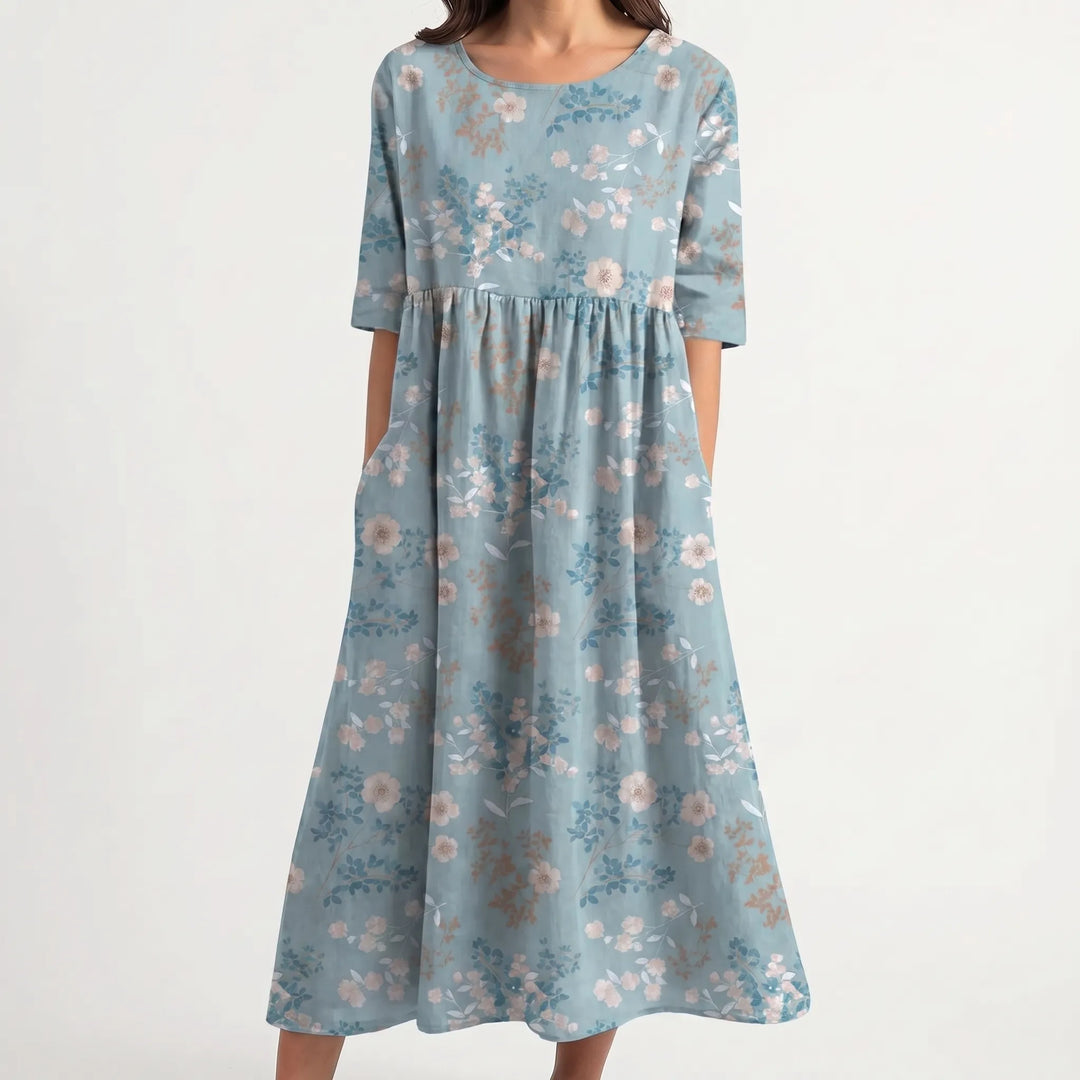 Floriven - Floral Print Midi Dress With Half Sleeves