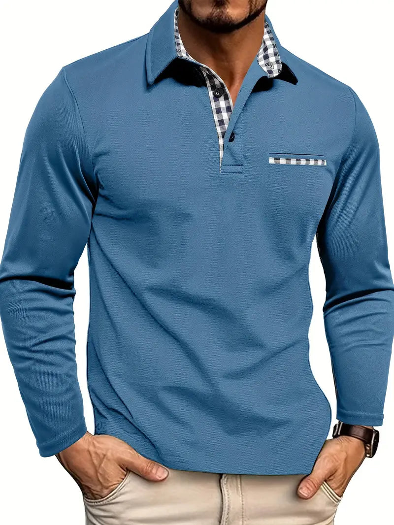 Men’s Long-Sleeved Polo Shirt with Checkered Collar and Pocket