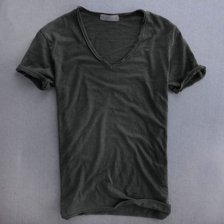 Men’s V-Neck T-shirt with Short Sleeves and Stitched Hem