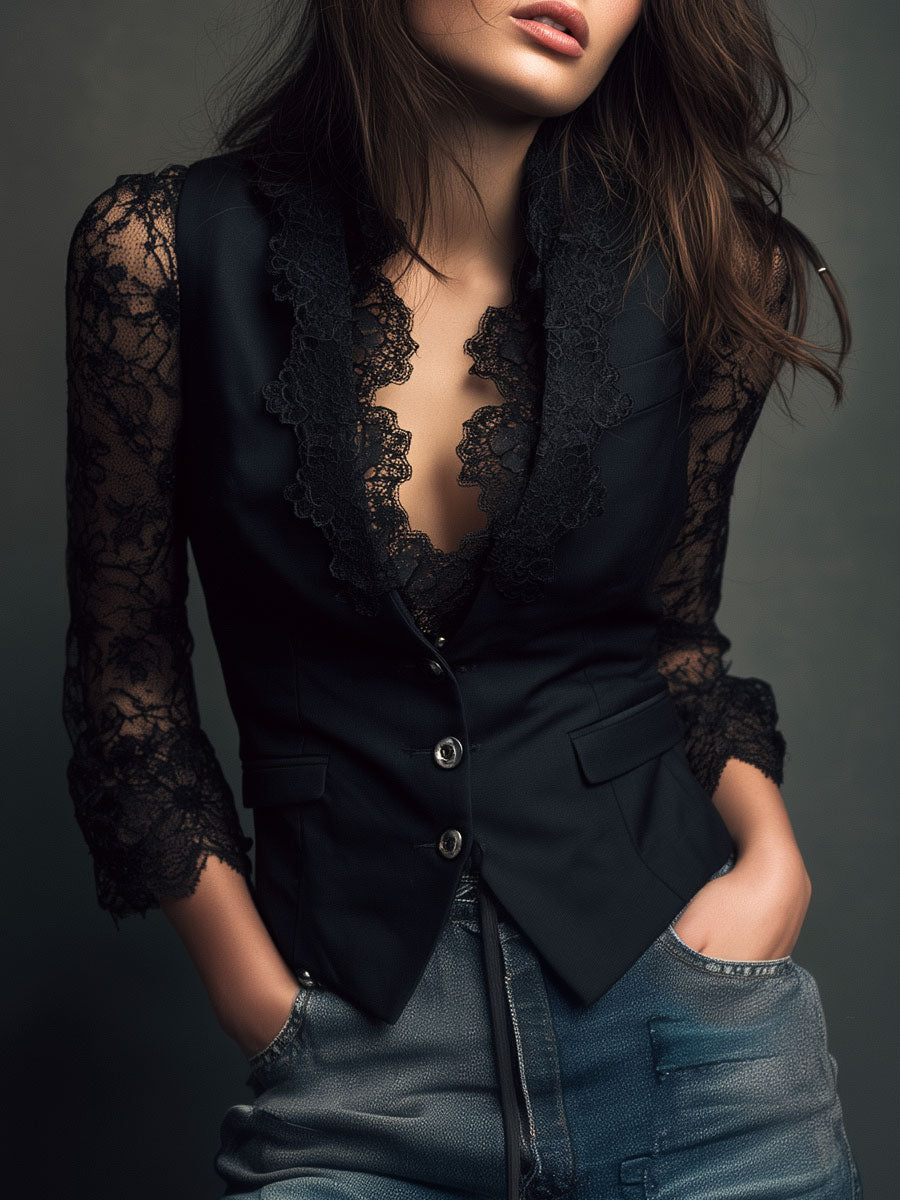 Women’s Blazer Top with Lace Panel Sleeves and Button Closure