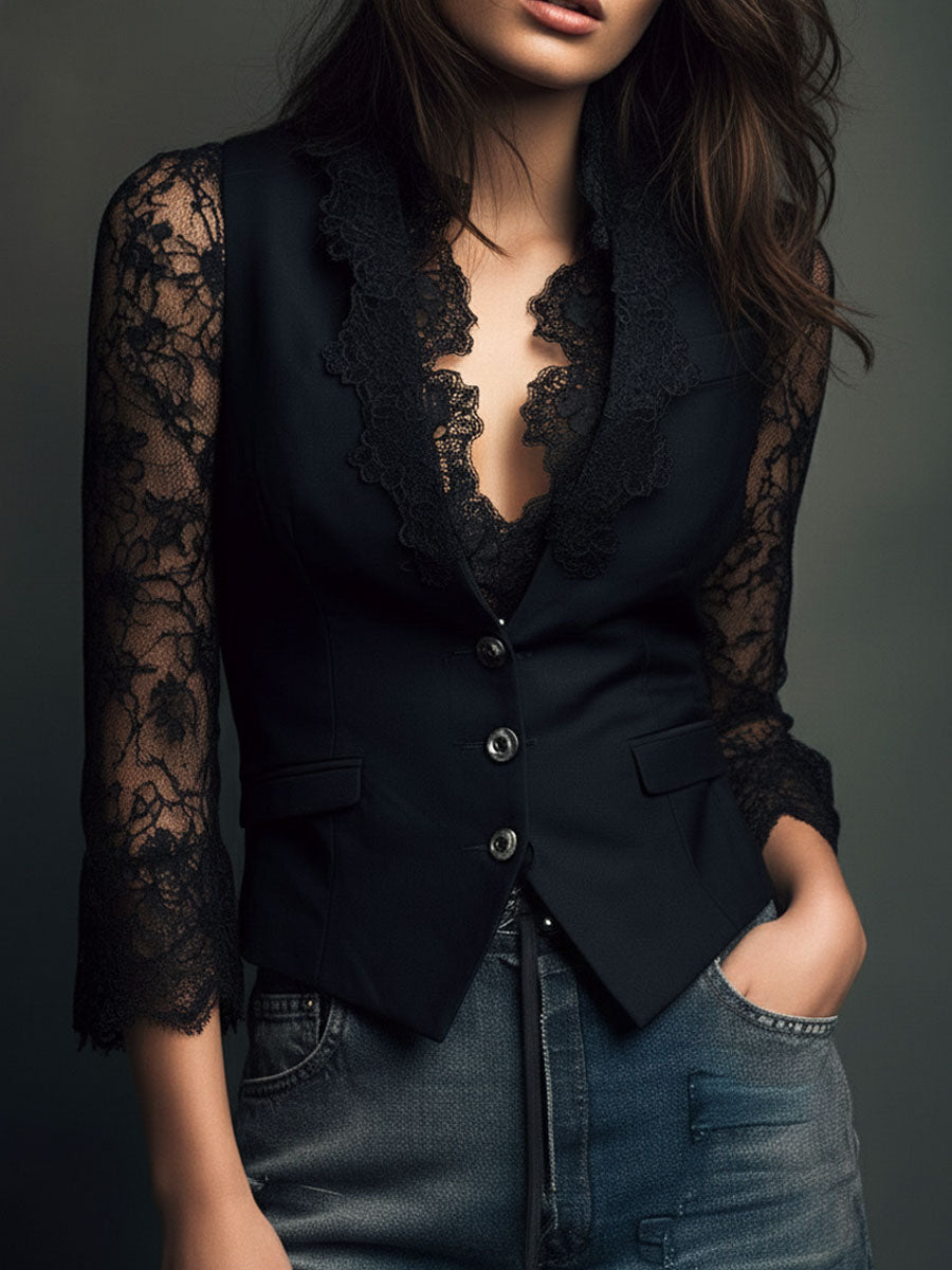 Women’s Blazer Top with Lace Panel Sleeves and Button Closure