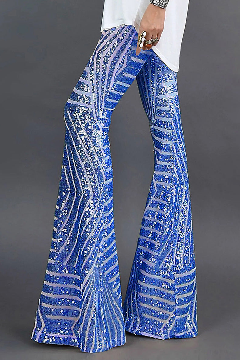 Women’s Flared Sequin Trousers with Elastic Waist and Sequin Detailing