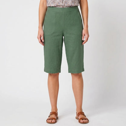 Women's knee-length casual shorts in green, front view