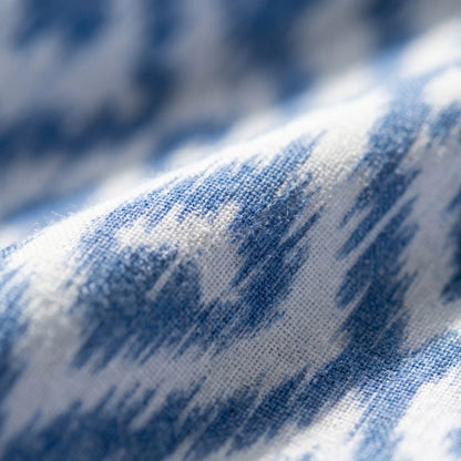 Women's Relaxed Boho-Print Maxi Dress in blue ikat print, close-up of the woven fabric